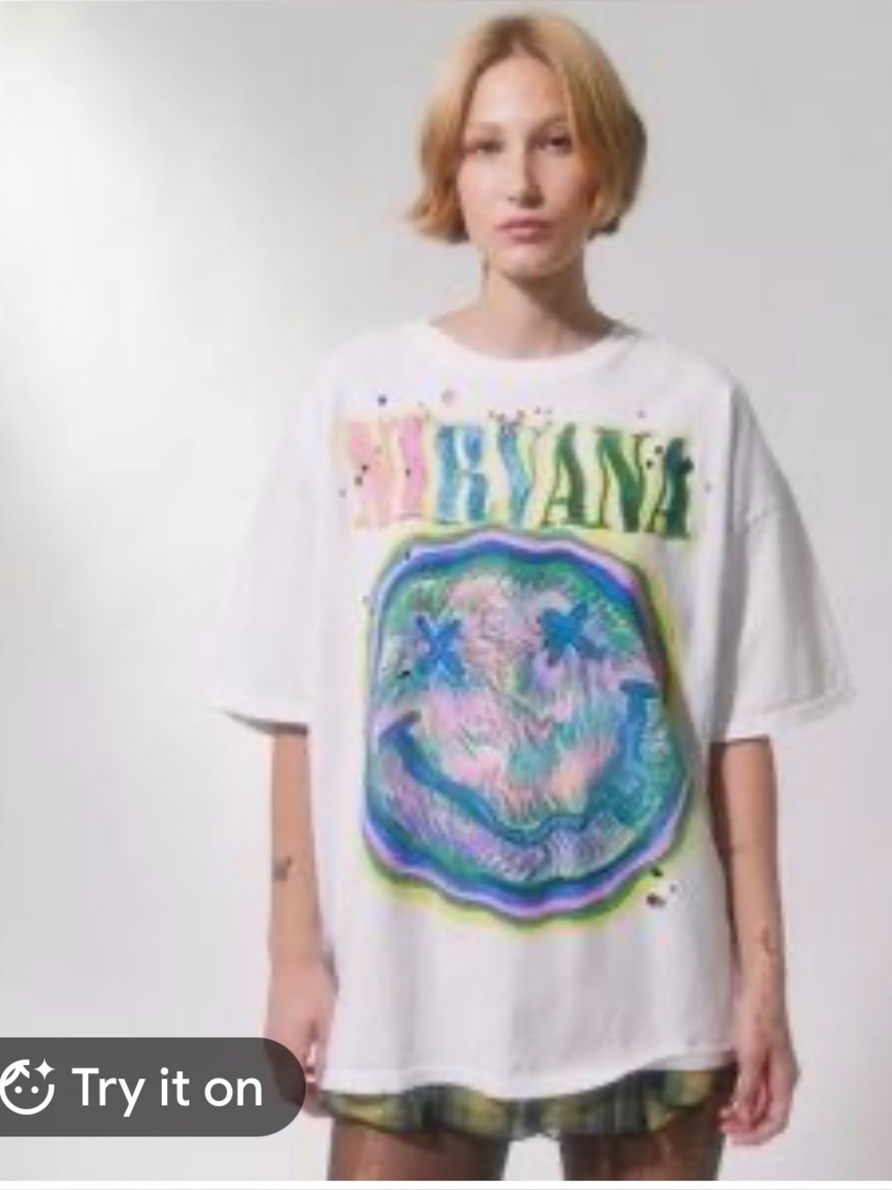 Urbana Outfitters Nirvana Oversized Distressed Graphic Tee Shirt S/M White